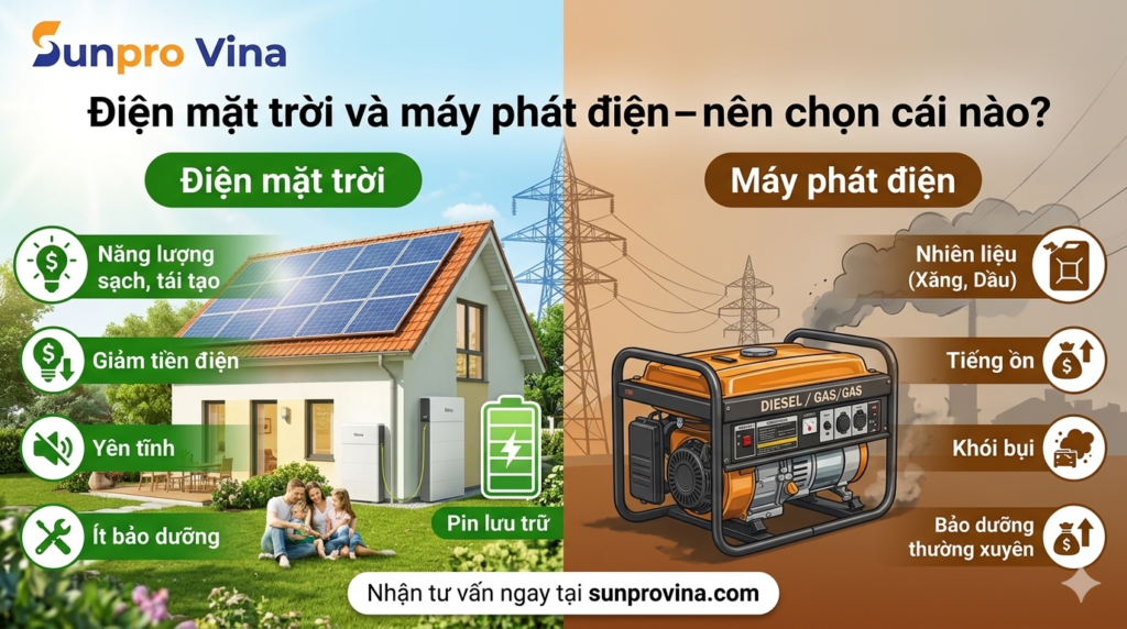 Điện mặt trời và máy phát điện – nên chọn cái nào